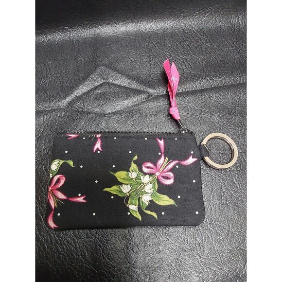 Vera Bradley Zip ID Case Black Pink Bows Pouch Coin Keychain New Hope Pattern - Picture 3 of 4